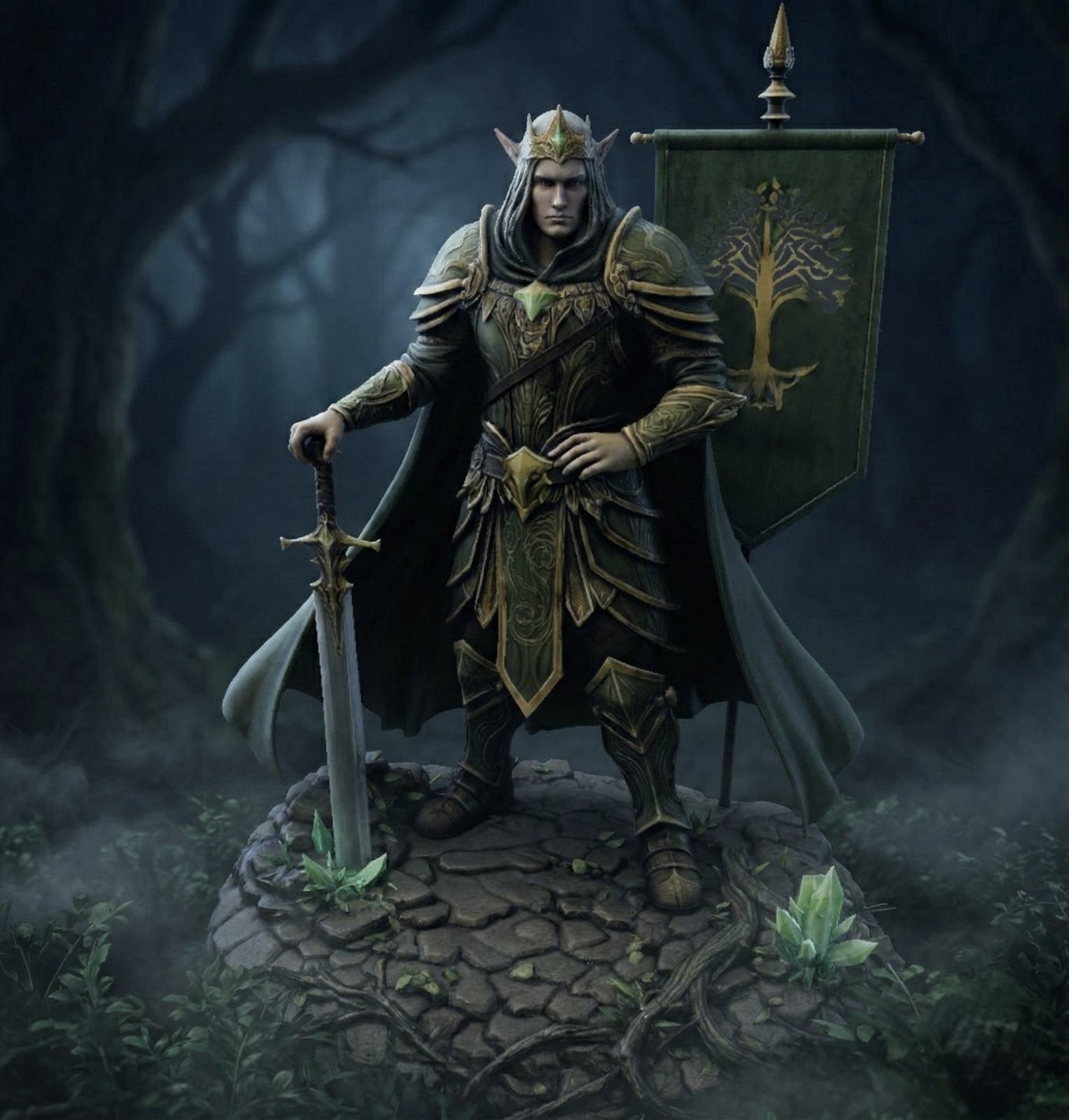 Bloodbound Realms – Elf – High Warden King of the Veiled Grove (Dark Fantasy 3D Printable Miniature STL)