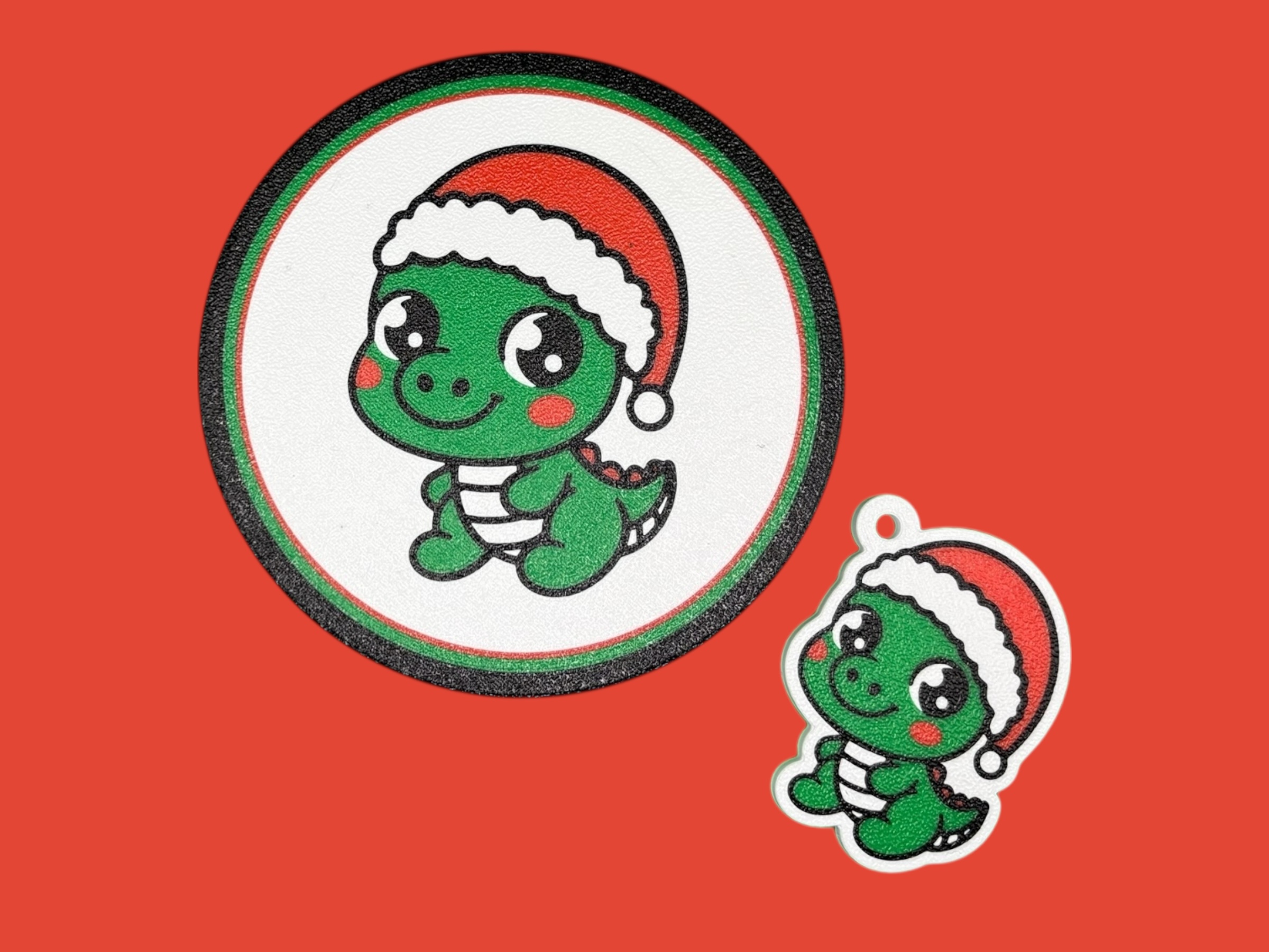 Cute Christmas Dinosaur Keychain & Coaster