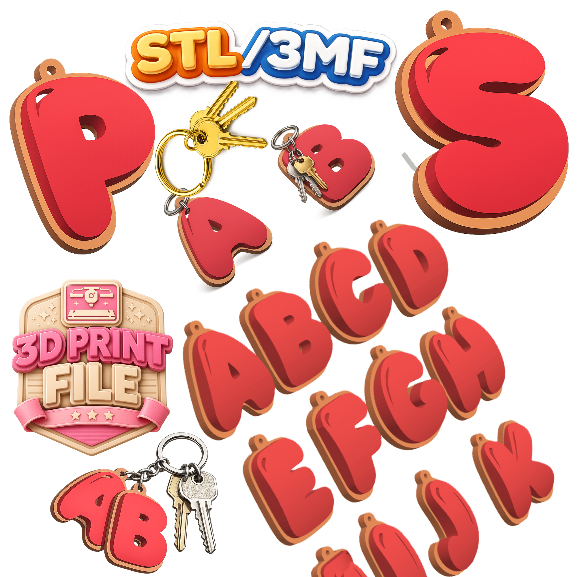 ABCD Keychain STL,3MF,3DPrintfile, Letters Keyring, Hanging Charm Tag, DIY craft tools Alphabet keyring