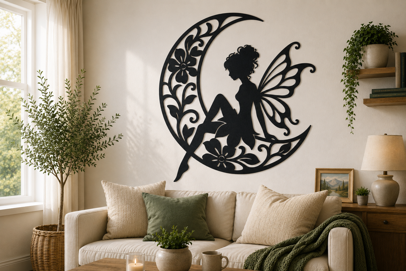Moon Fairy 2D Wall Art Fantasy Floral Decor