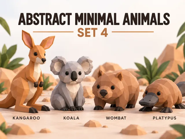 Abstract Minimal Animals – Set 4 | Low Poly Kangaroo, Koala, Wombat & Platypus
