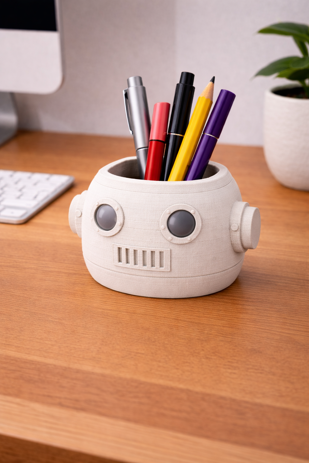 Round Robot Pen Holder – Cute Single Color 3D Print