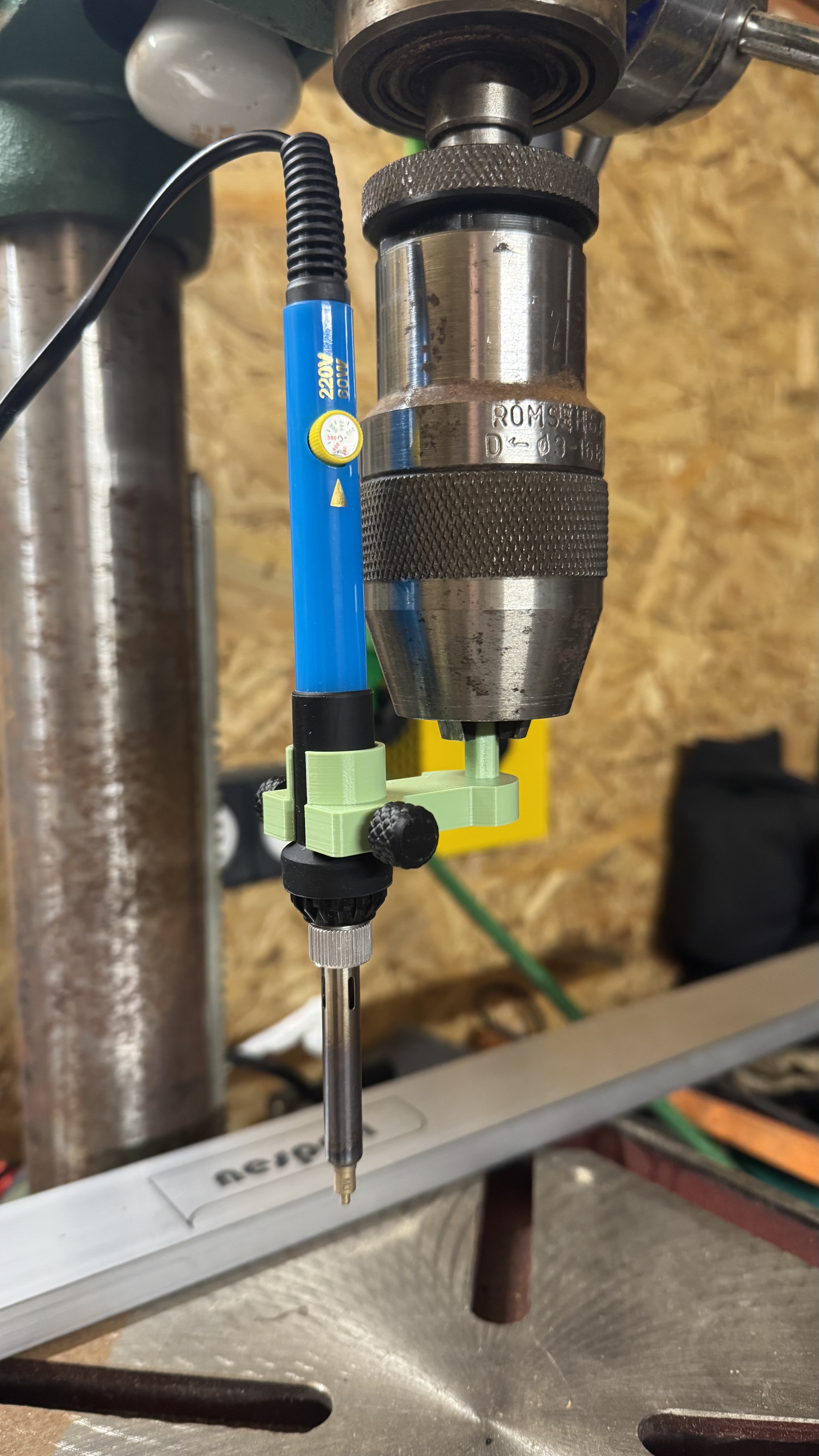 Drill press heat insert adapter for soldering iron