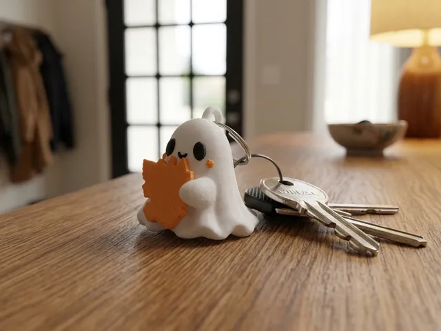 Cute Ghost Keychain with Autumn Leaf