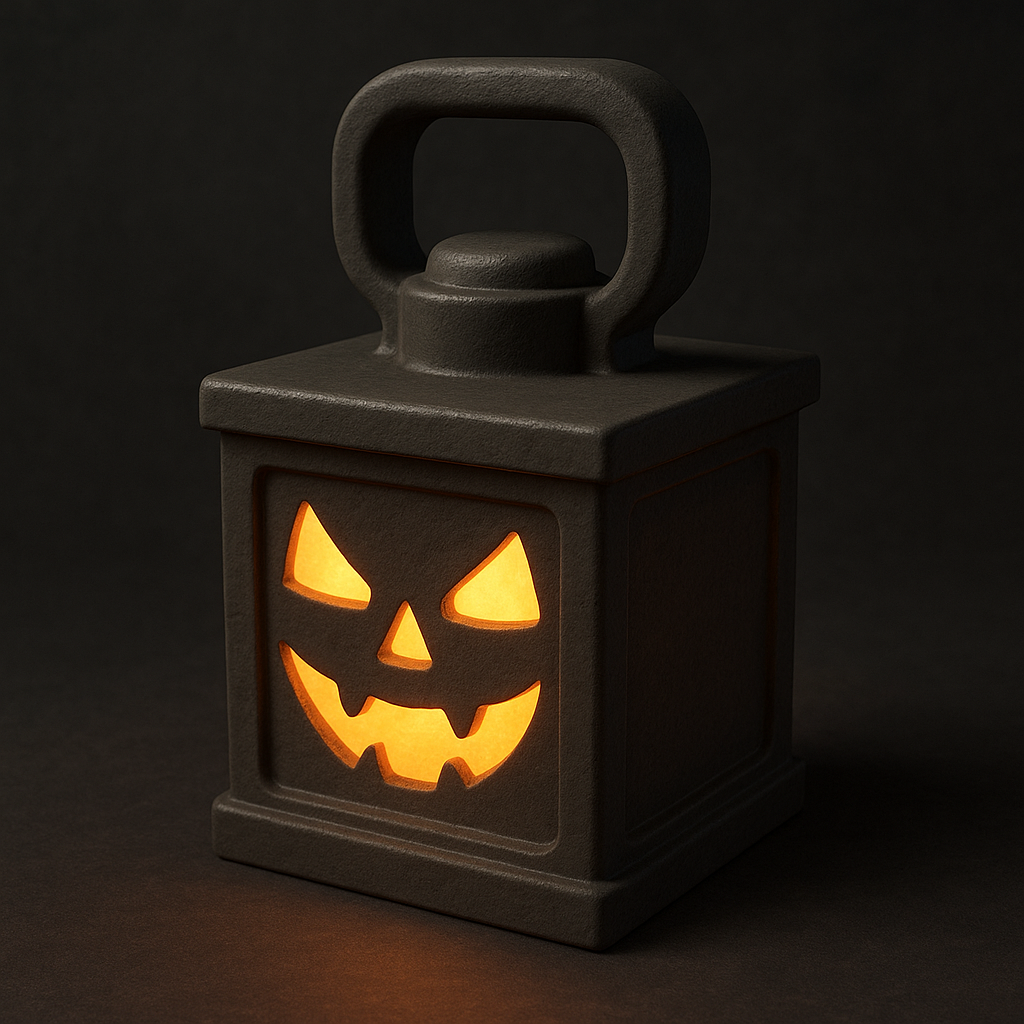 An old-fashioned Halloween lantern with a square body, glowing face carved into its sides, and a thick handle attached directly to the top
