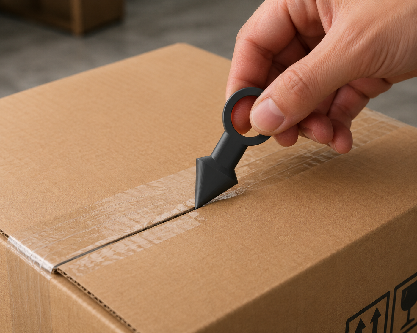 Small 3D-printable can opener and safe cutter for cartons and packaging