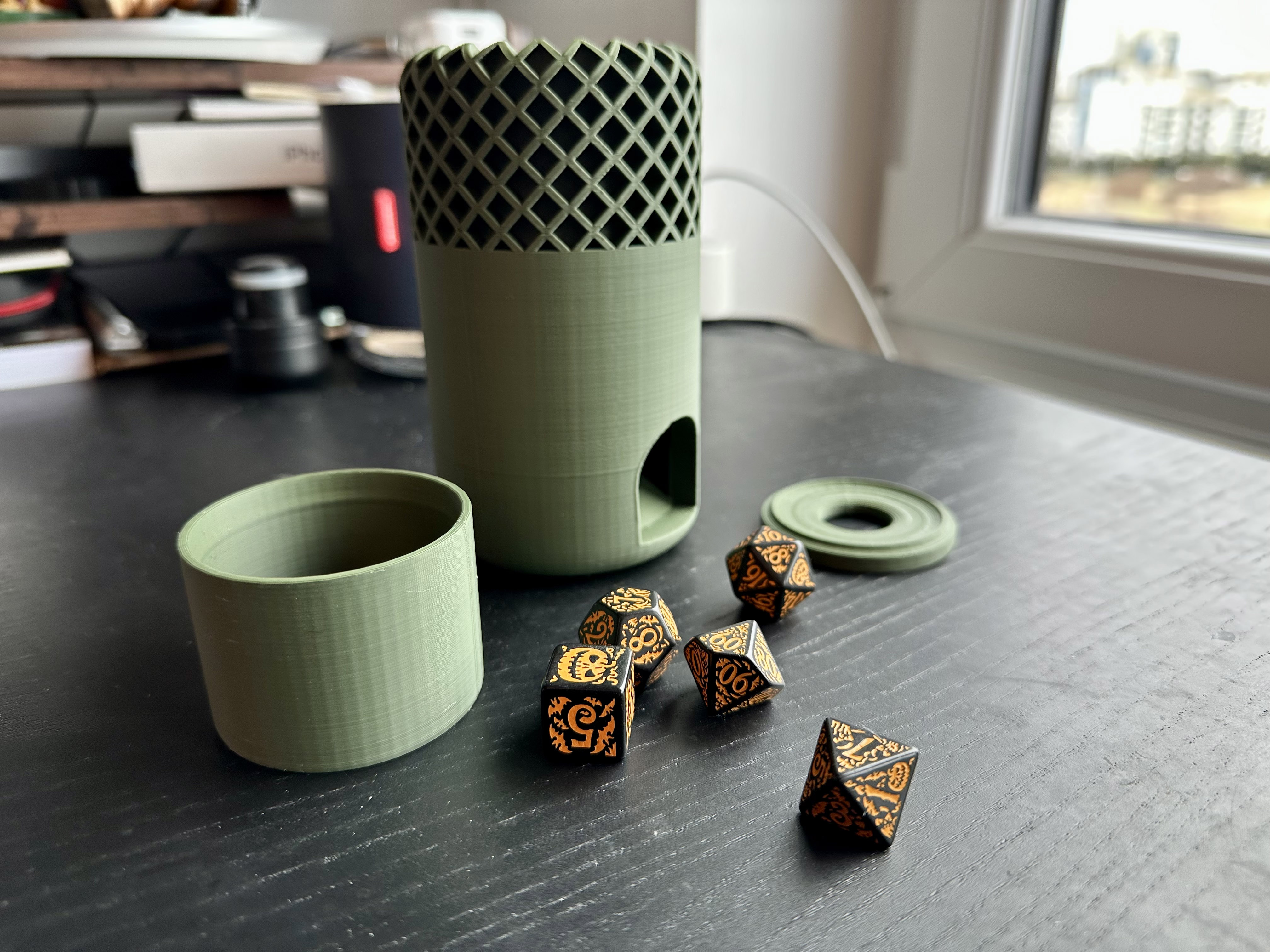 Geometric dice tower and storage