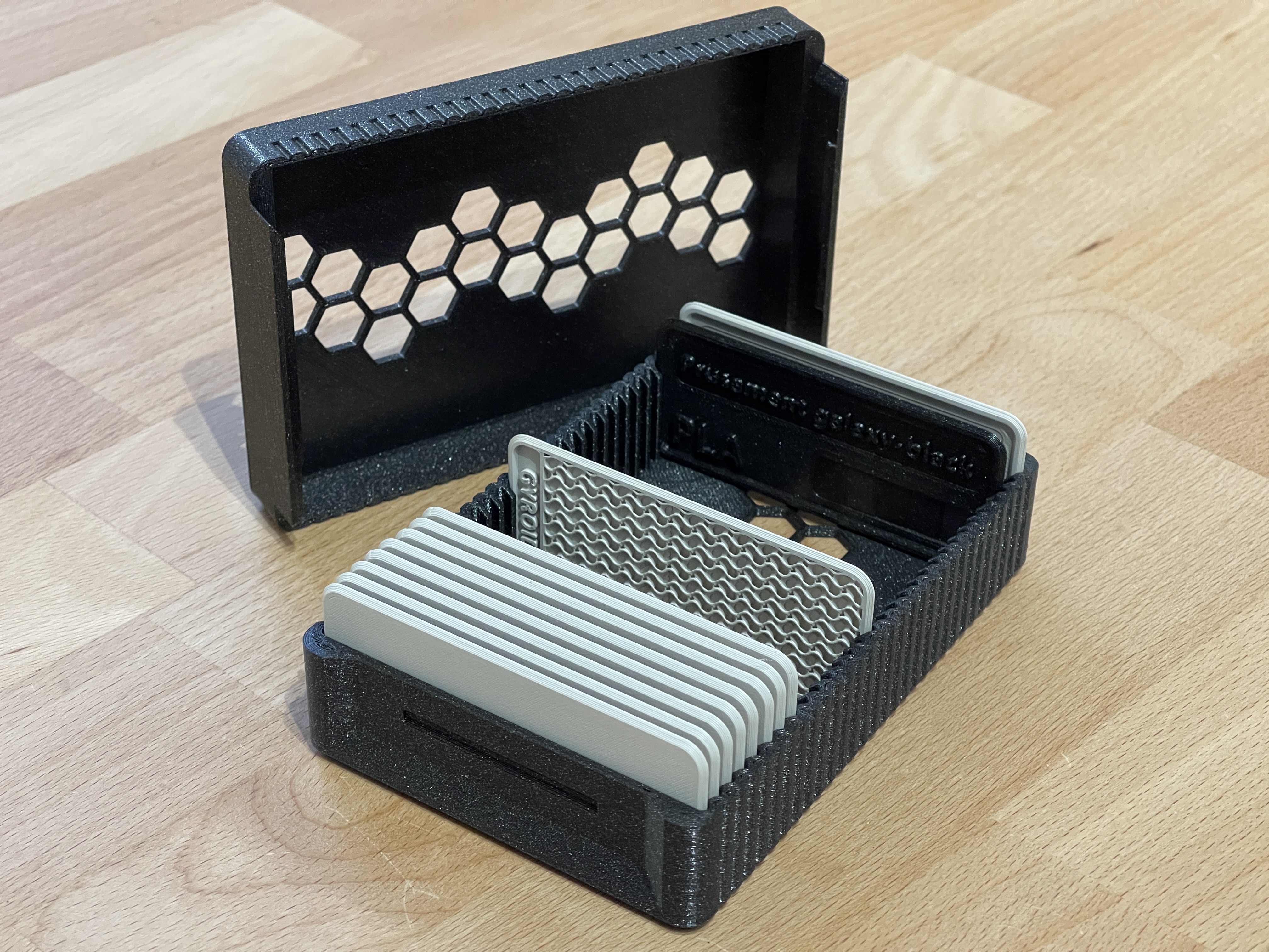 Filament and infill sample cards with storage box