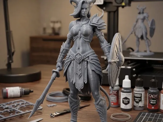 female demon warrior with sword and shield