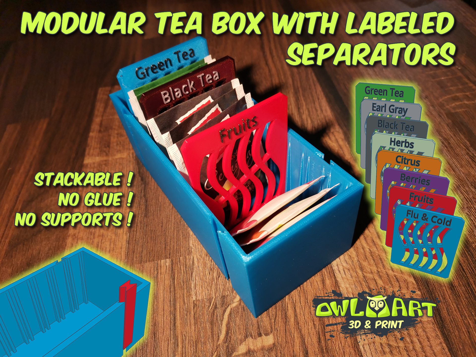 Modular Tea Box with Labeled Separators (Stackable)
