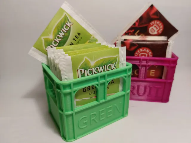 Tea bags beer crate with labels