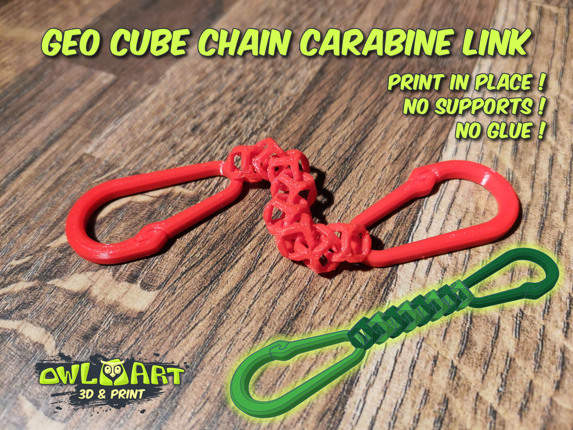Geo Cube Chain Carabine Link (Print in Place) 3D model thumbnail