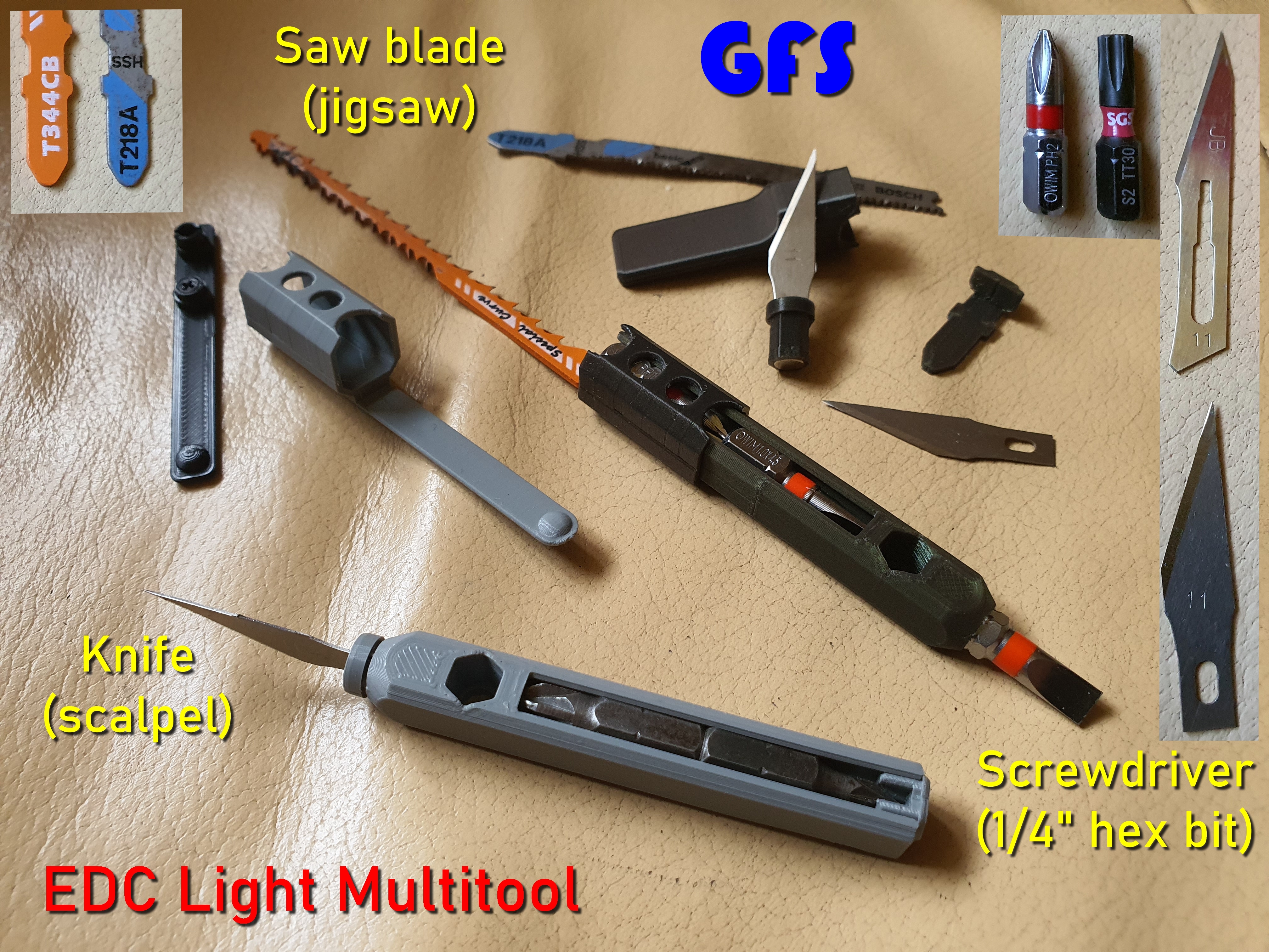 EDC Light Multitool; screwdriver (1/4" hex bit) + knife (scalpel) + saw blade (jigsaw)