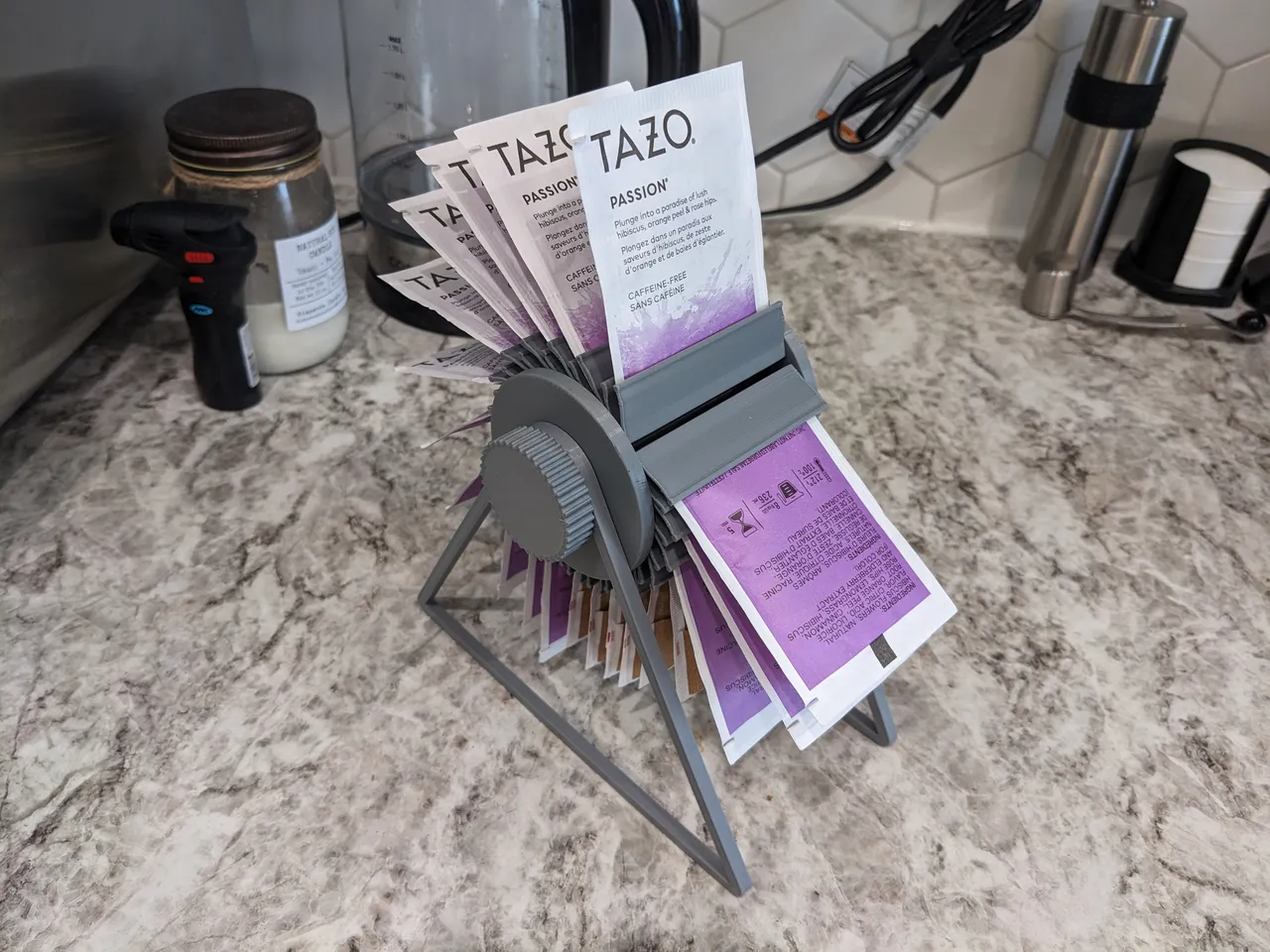 A grey Rolodex filled with tea.
