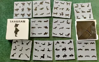 Pack de 90 modèles pour TANGRAM avec solution et boite de rangement pour plaques et pièces - Set of 90 TANGRAM patterns with solutions and a storage box for tiles and pieces