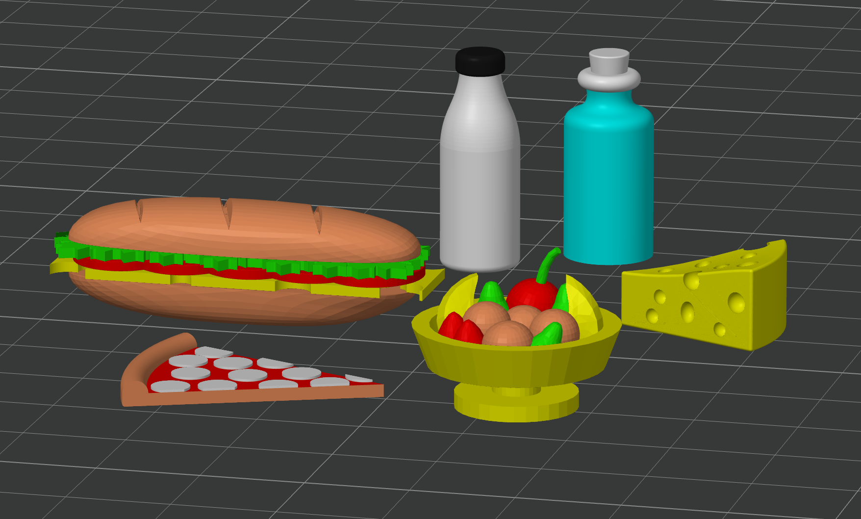 Dollhouse food: Sandwich, Fruit Bowl, Pizza, Cheese, Bottles (Painted for Bambu MMU)