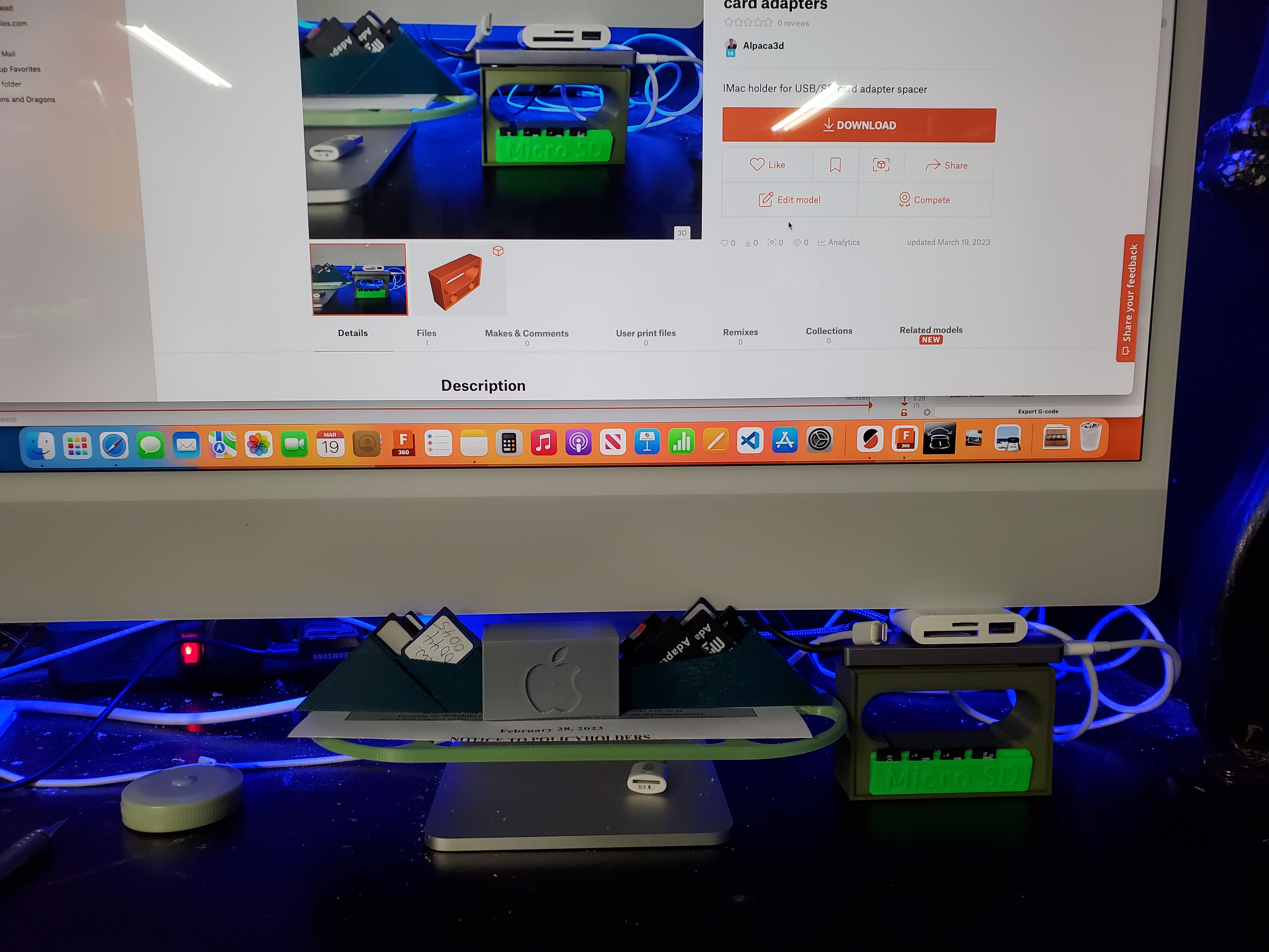 IMac holder/spacer for USB/SD card adapters
