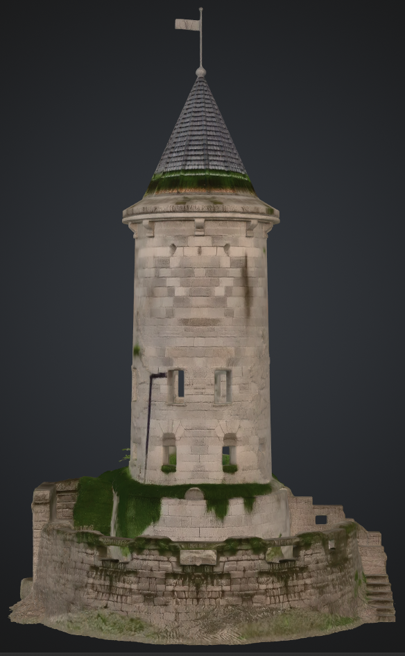 Turm rund mit  Spitzdach und anbau