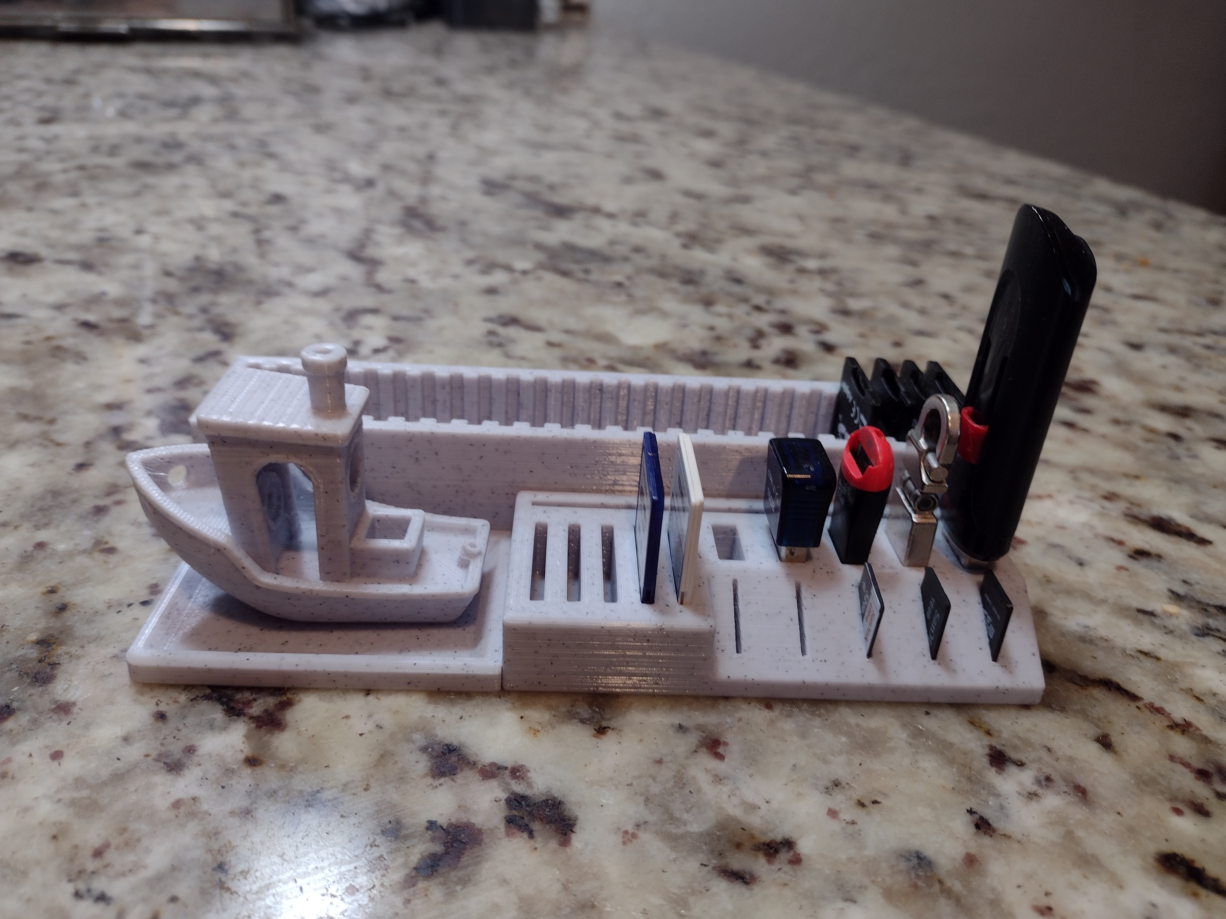 USB, SD, and Micro SD Card Organizer Holder Rack with Benchy,  Remix 3D model thumbnail