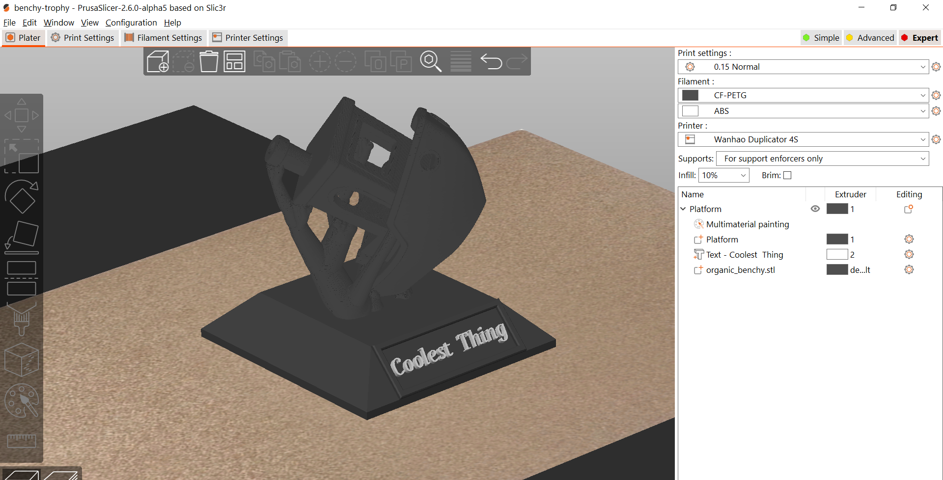 3D benchy with organic support "Coolest Thing" Trophy