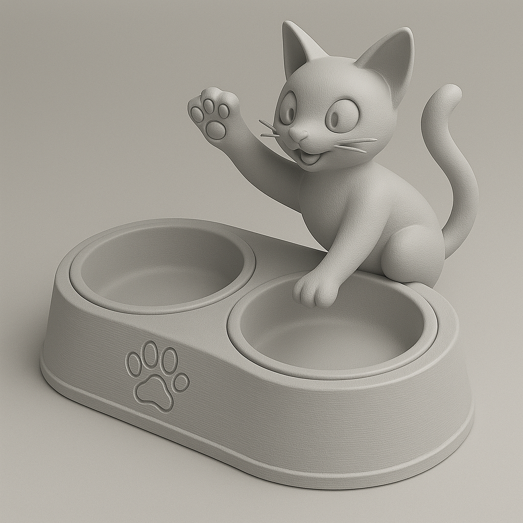 Waving Paw Cat Bowl – Dual-Compartment 3D Printed Food & Water Dish