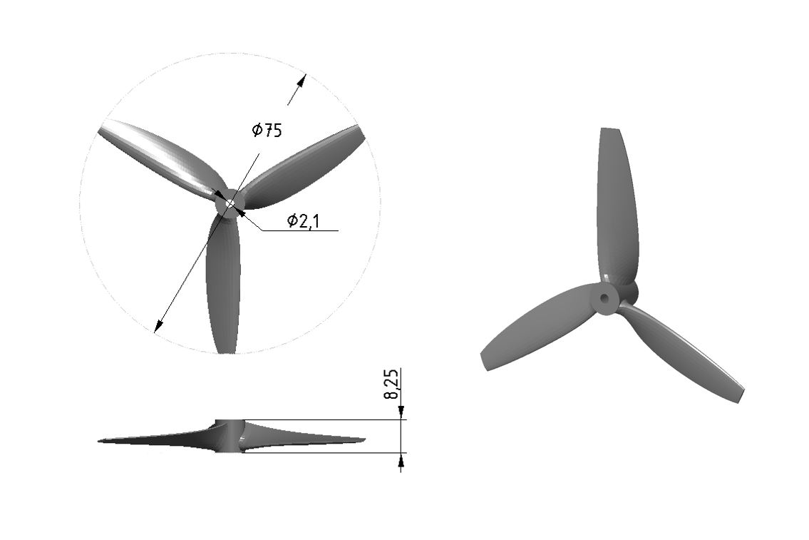 Propeller with ⌀75mm for a shaft ⌀2mm