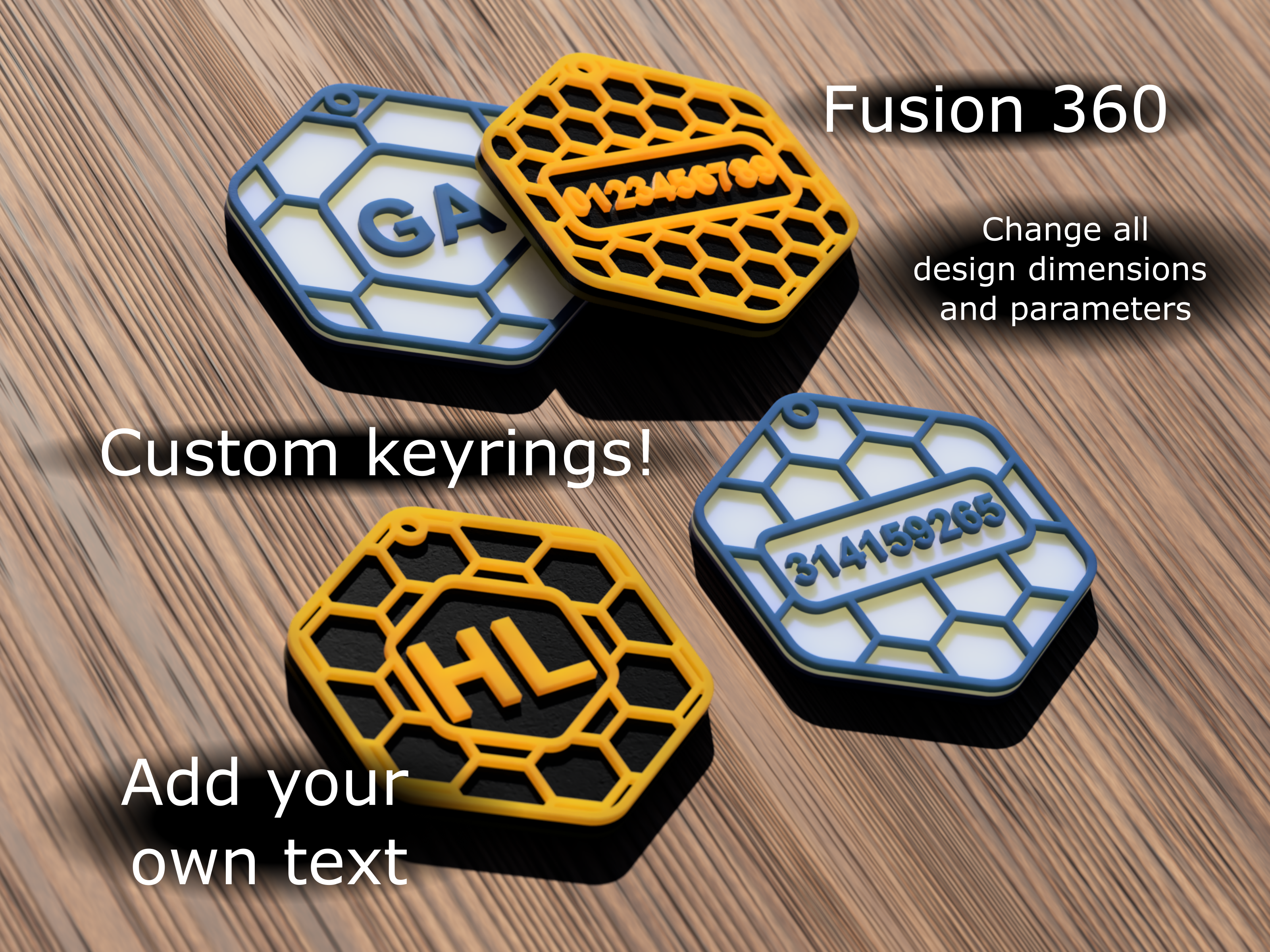 Hex Pattern Keyring - Fully Customisable with Fusion 360, add names and numbers