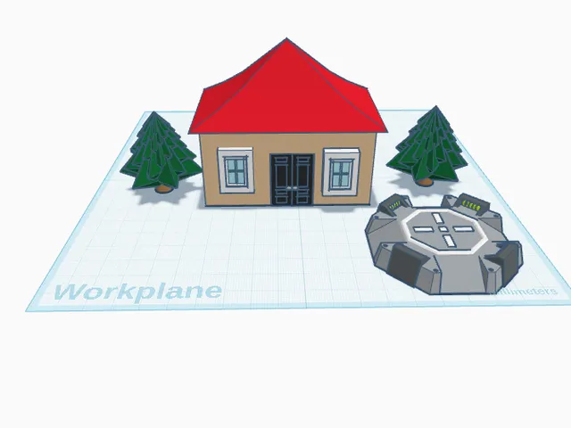 house and trees with teleportation pad