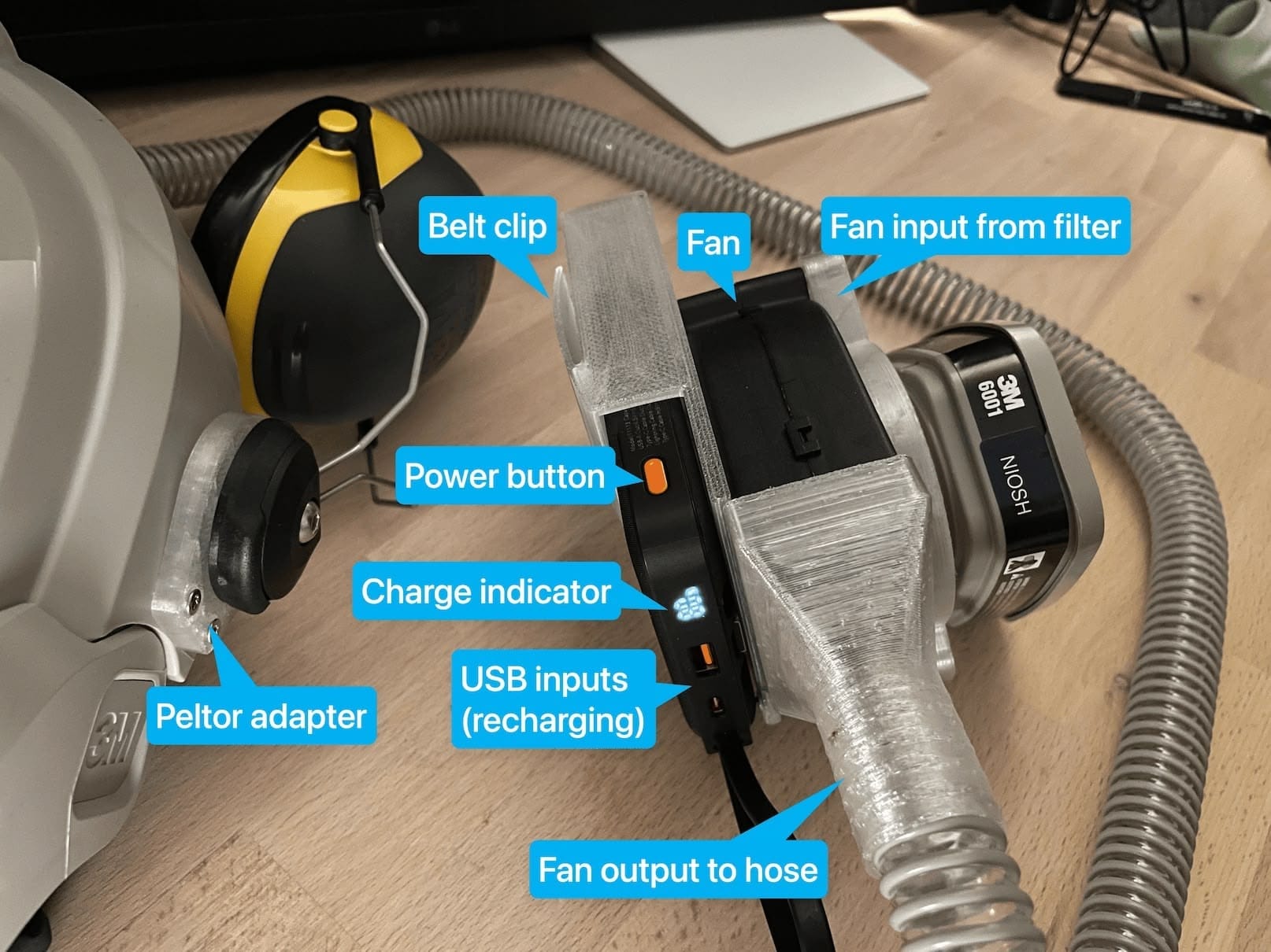 Versaflo PAPR USB-C powerbank blower and 3M bayonet filter adapter belt unit