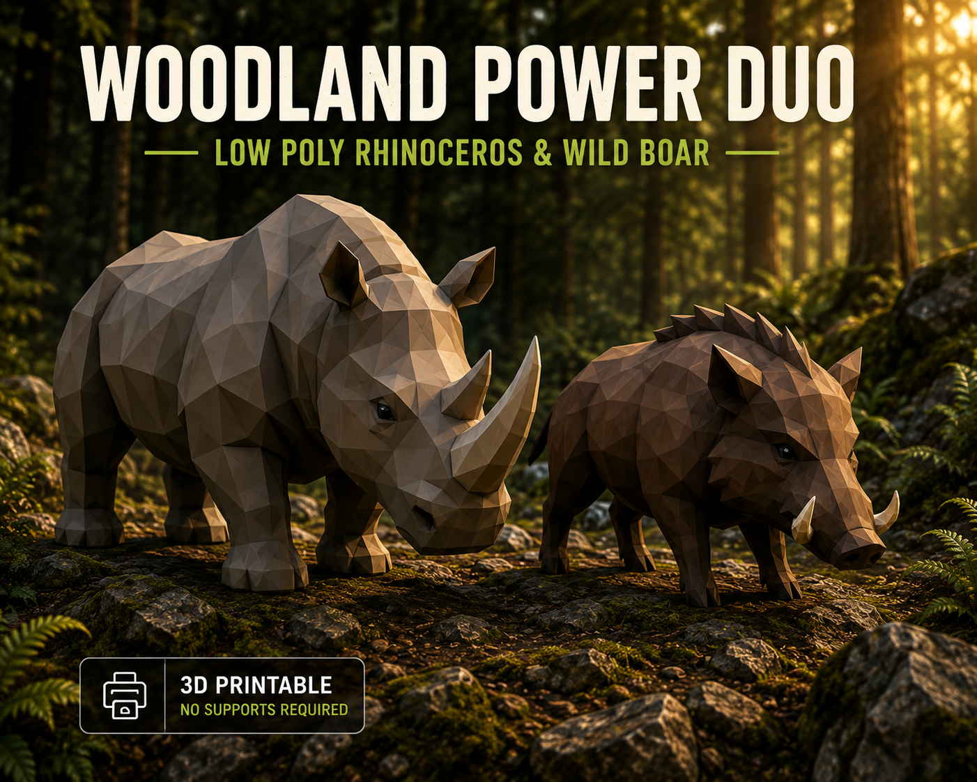 Abstract Minimal Animals – Woodland Power Duo (Low Poly Rhinoceros & Wild Boar)