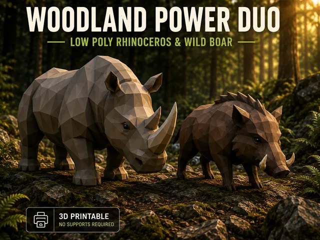 Abstract Minimal Animals – Woodland Power Duo (Low Poly Rhinoceros & Wild Boar)