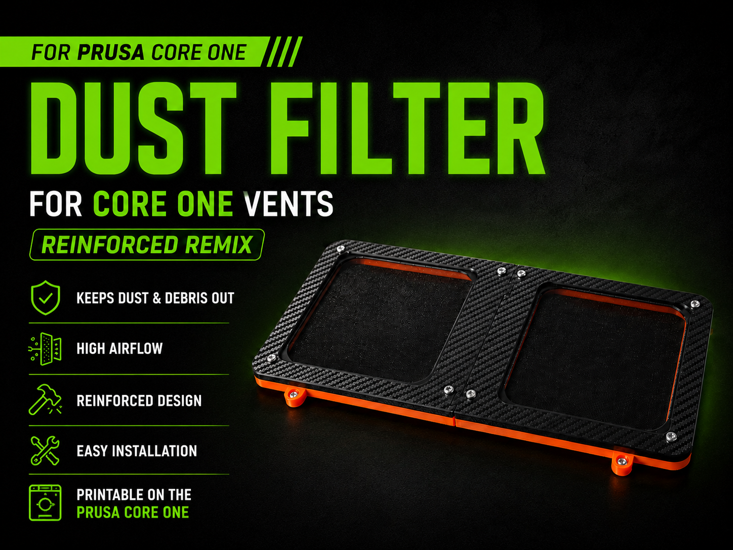Dust Filter for Core One Vents – Reinforced Remix with Dovetail Connection / Staubfilter für Core One Lüftungsschlitze – stabiler Remix mit Schwalbenschwanz-Verbindung
