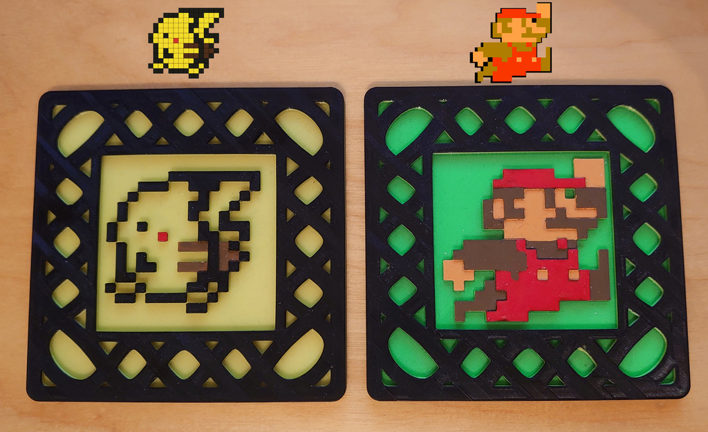 8-bit Mario and Pikachu coasters made with customizer