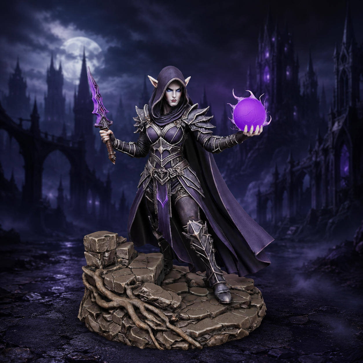 Bloodbound Realms – Dark Elf – Nightveil Hexweaver (Dark Fantasy 3D Printable Miniature STL)