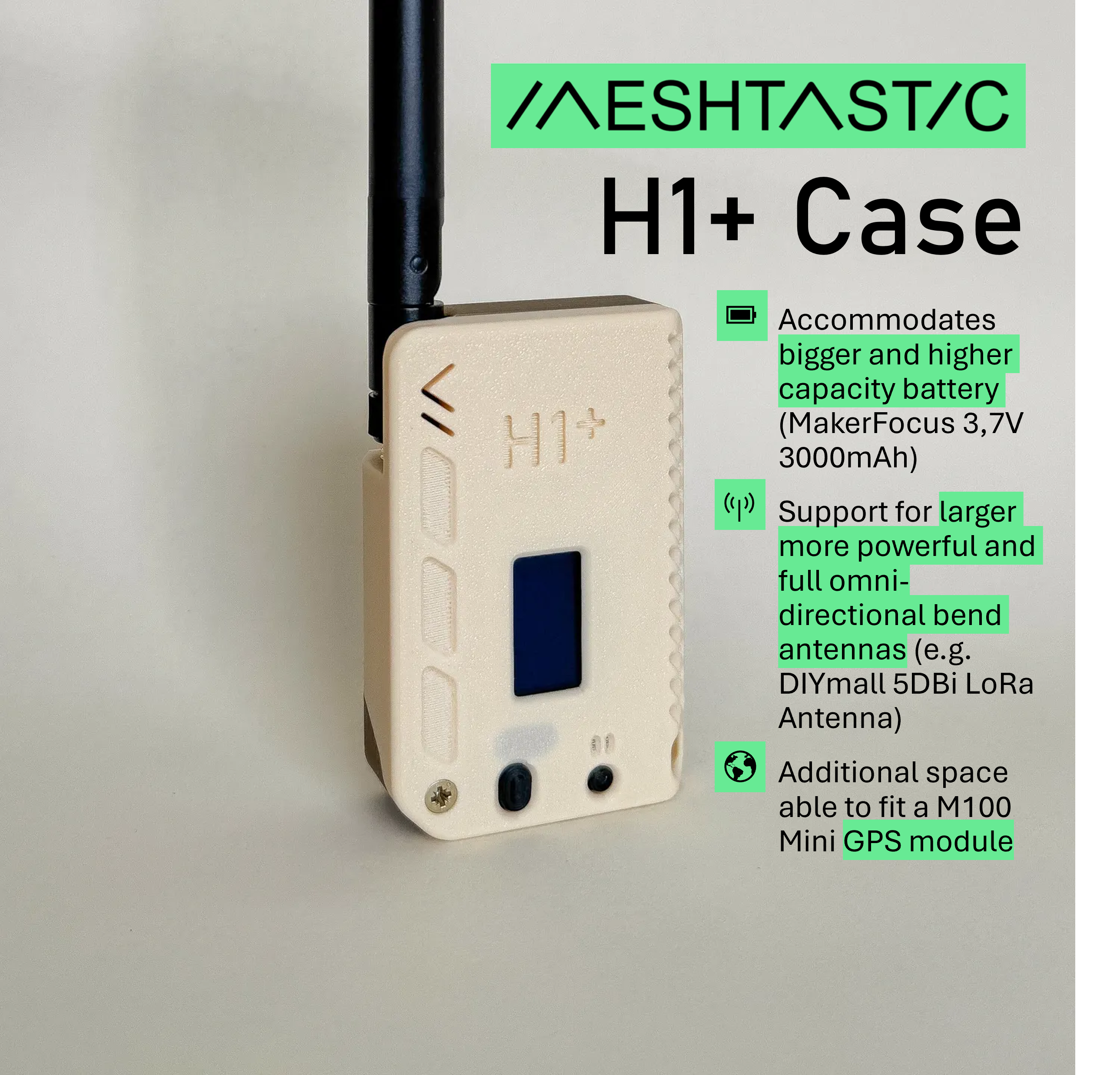 H1+ - Enhanced H1 Case for Heltec V3/Heltec V4 by muzi.work running Meshtastic