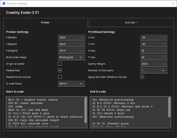 Ender 3 S1 Pro Cura settings for maxumim build volume + profiles