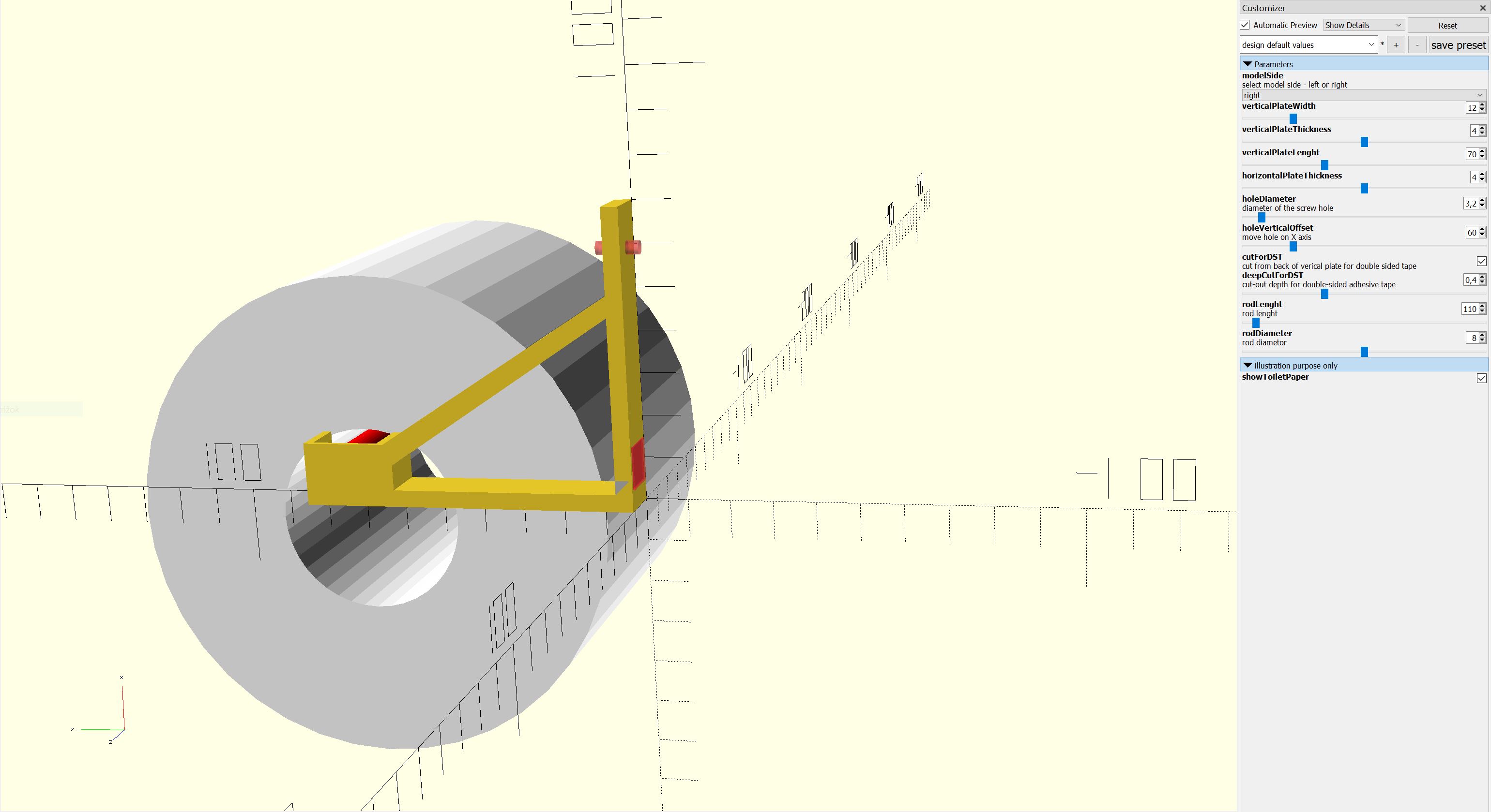 Toilet paper roll holder - parametric OpenSCAD