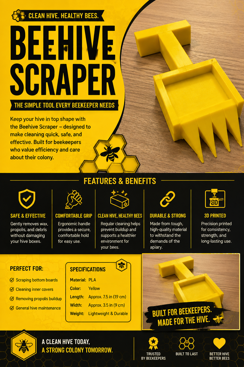 Beehive Scraper | Durable 3D Printed Hive Cleaning Tool for Beekeepers