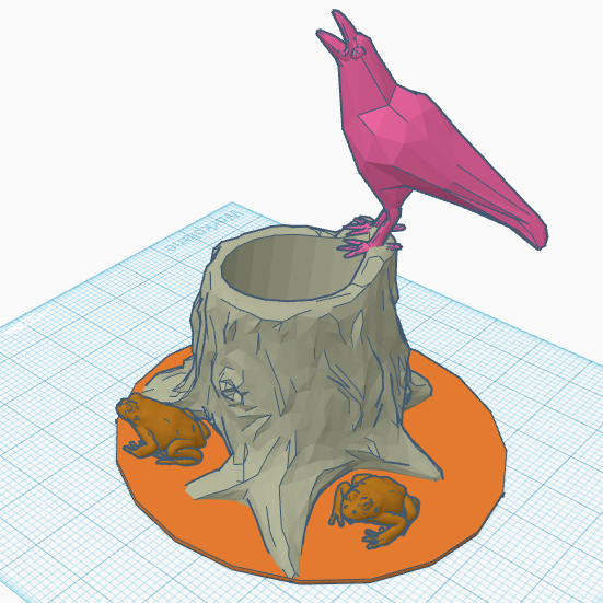 crow on stump with frogs pen holder 3D model thumbnail