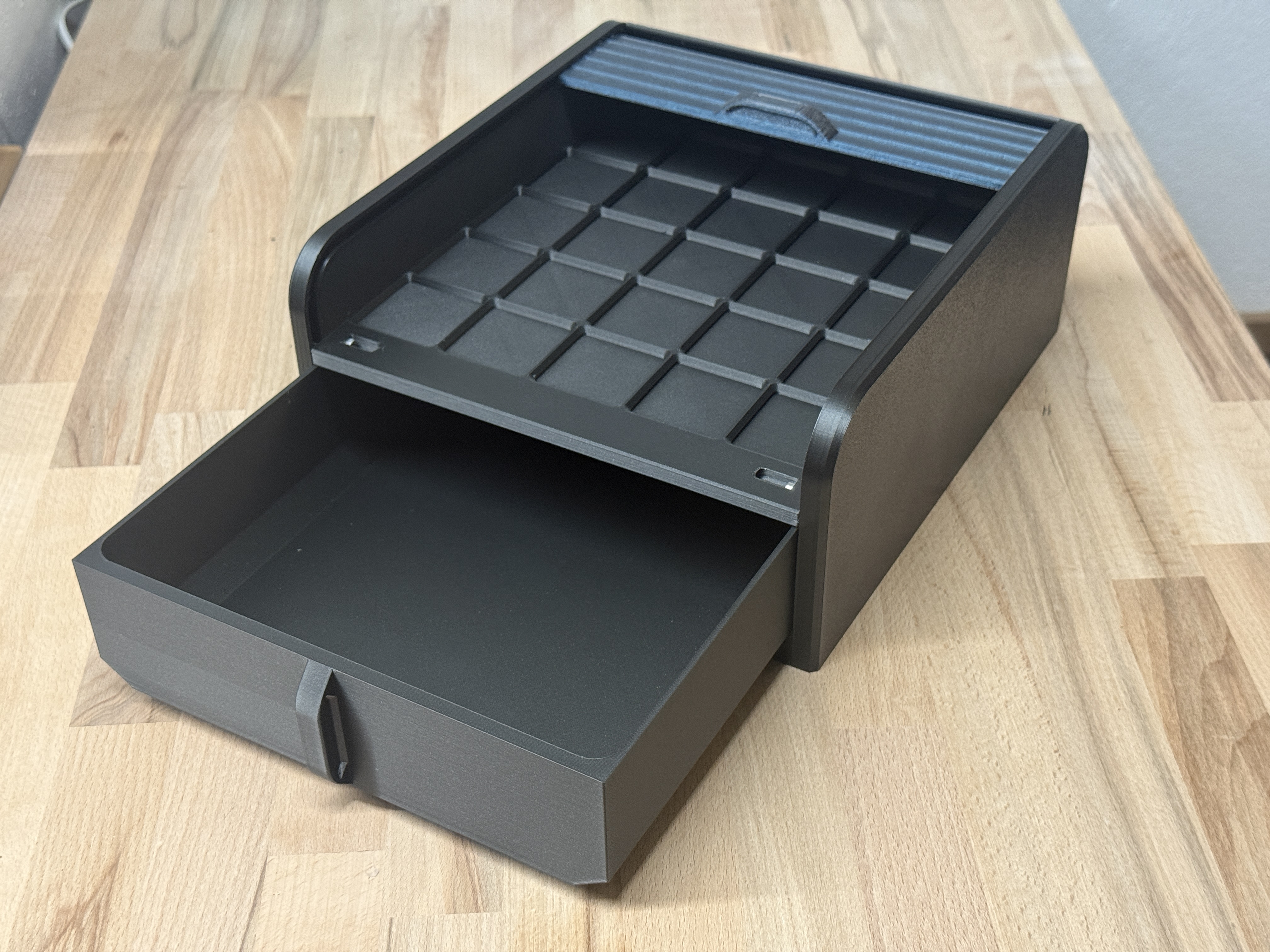 A Gridfinity Tambour Box with Drawer