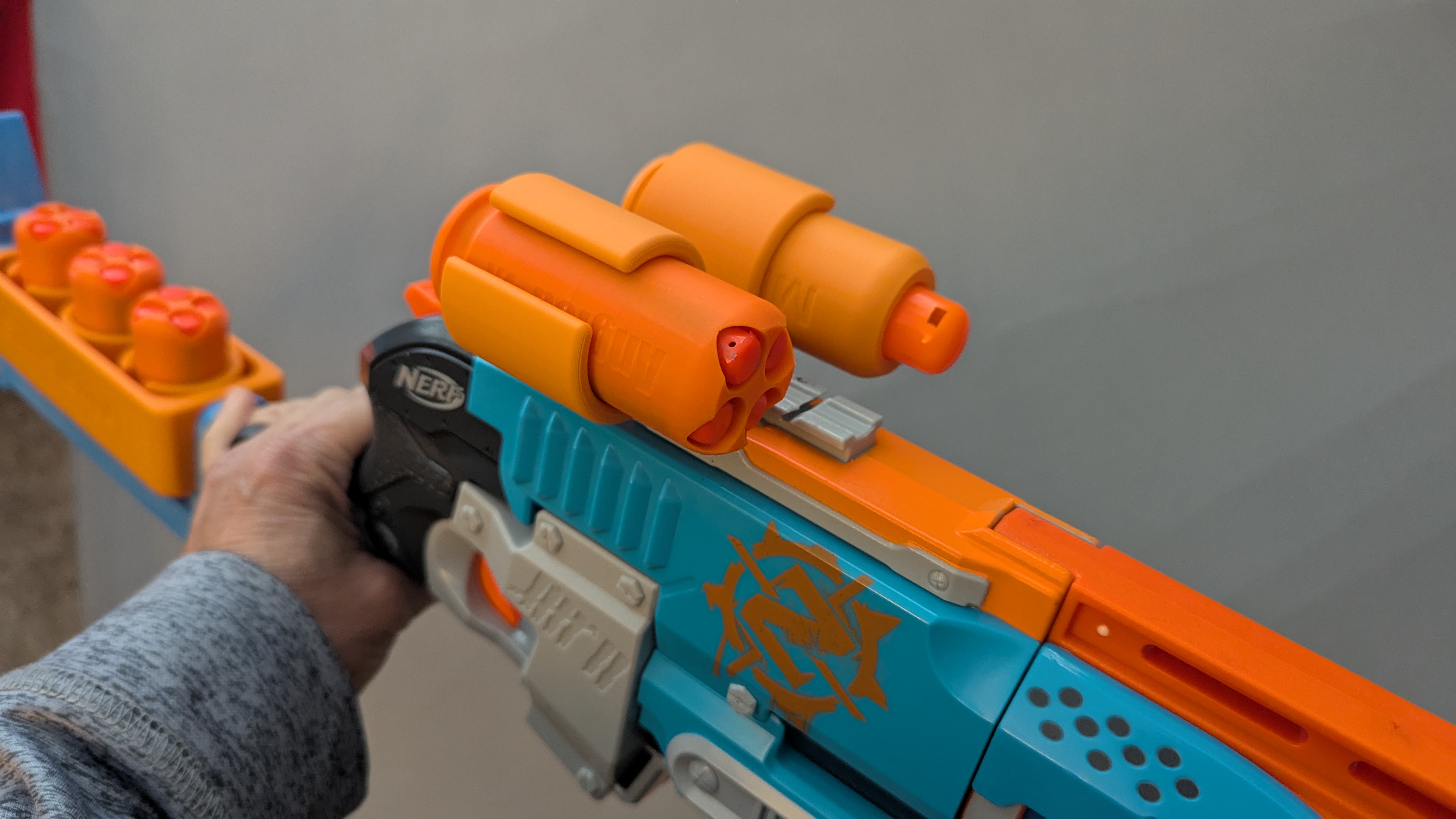 SillySledge Nerf Mounted shell holder and rear sight