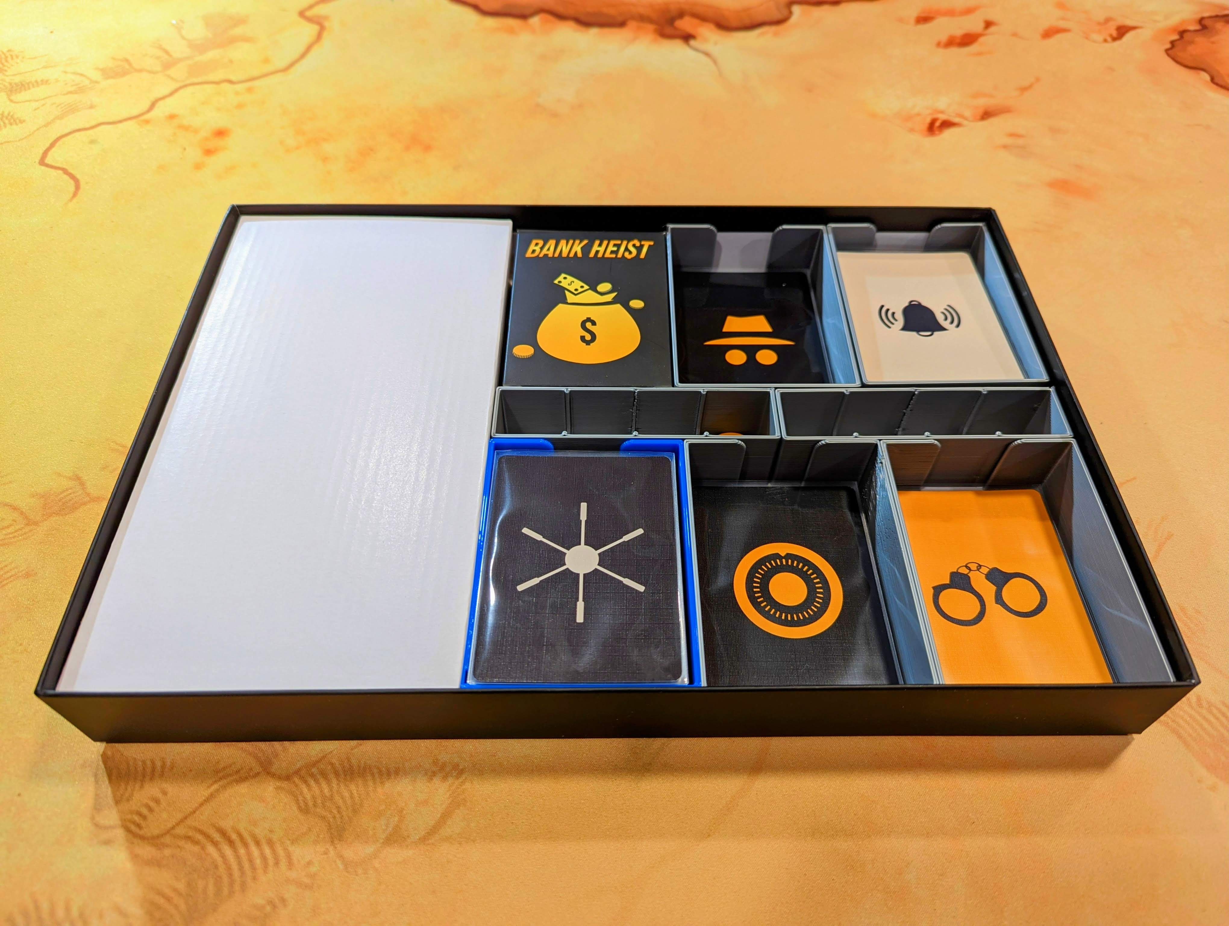 Bank Heist board game insert/organizer - supports sleeved cards