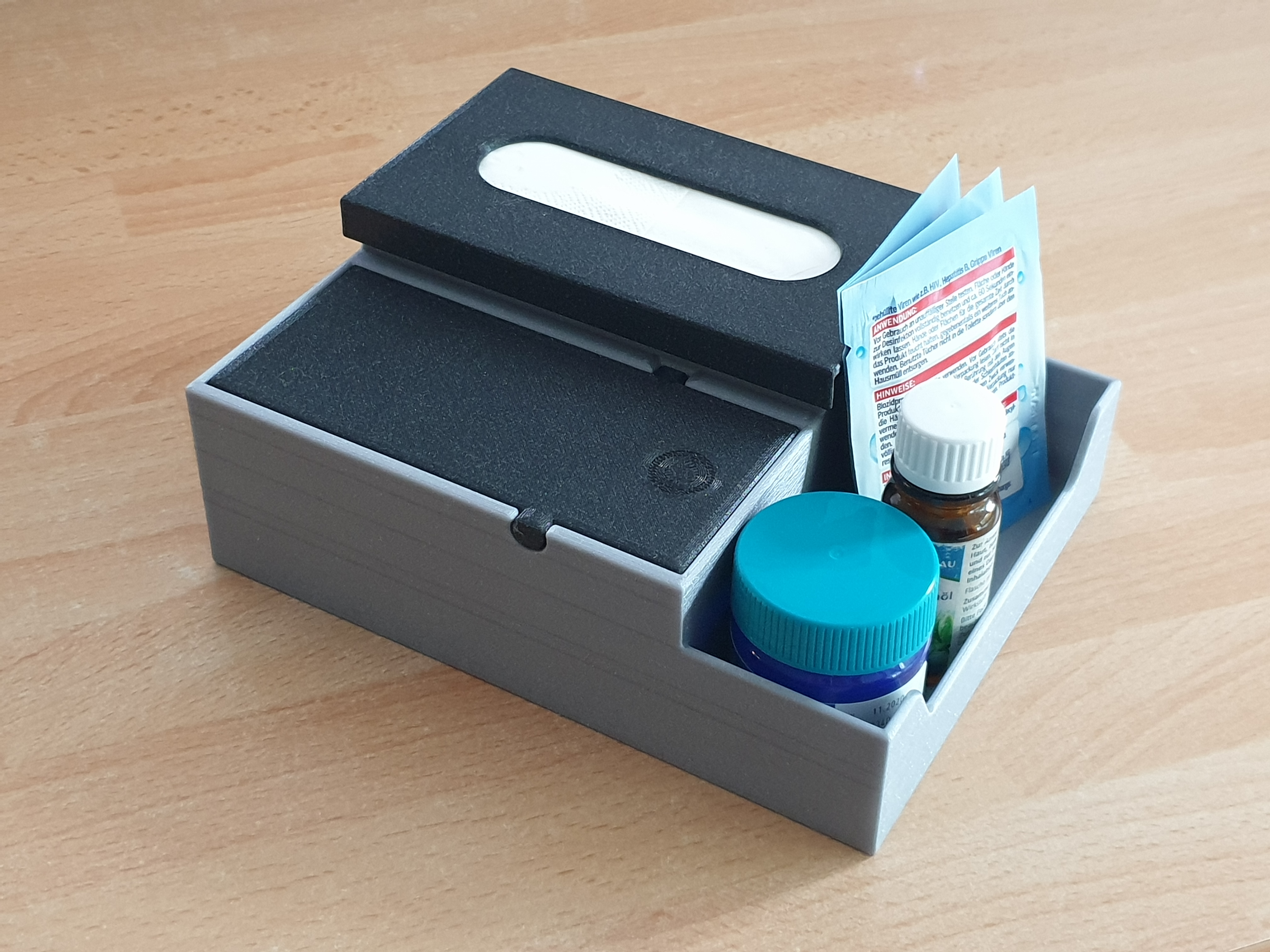 Tissue box with bin and medicine tray