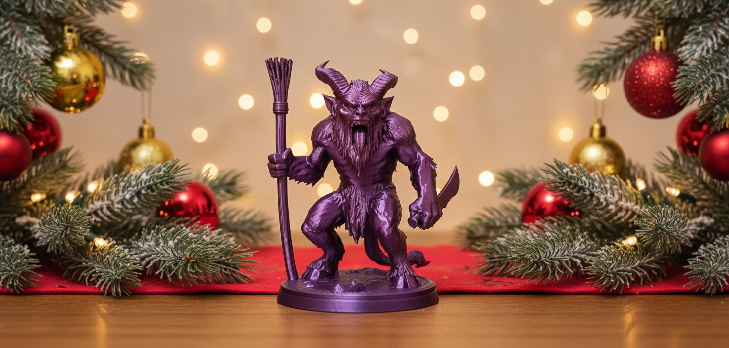 Purple Krampus with Broom and Dagger Figure