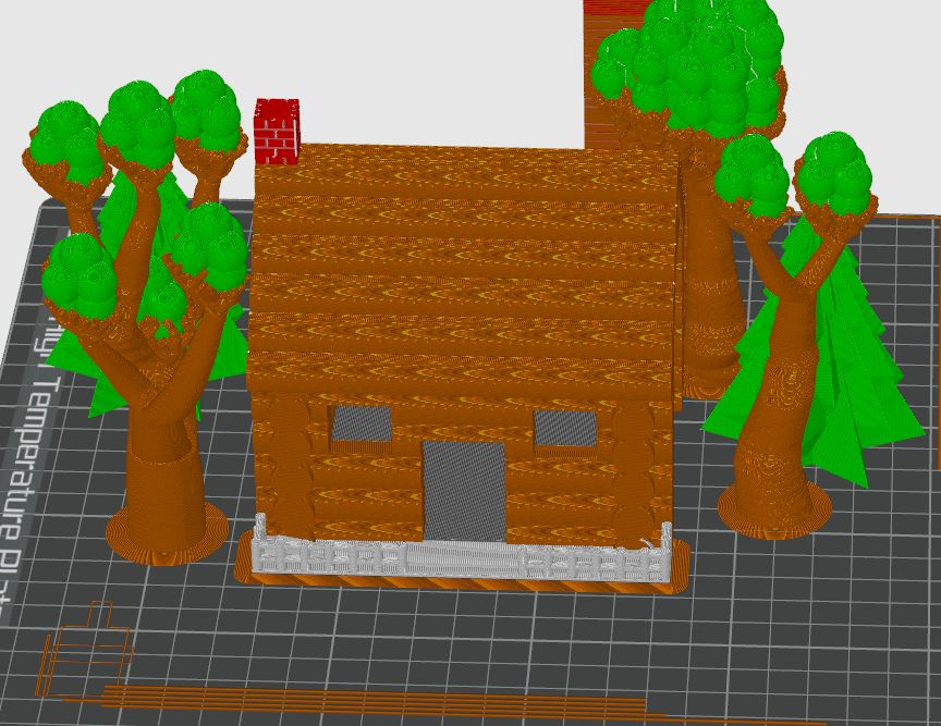 Log Cabin Scene with Organic Trees