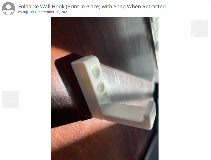 Foldable Wall Hook (Print in Place) with Snap When Retracted [Remix] by mji1983 on thingyverse