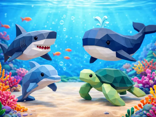 Abstract Minimal Animals – Sea Set (Low Poly Shark, Whale, Dolphin & Turtle)