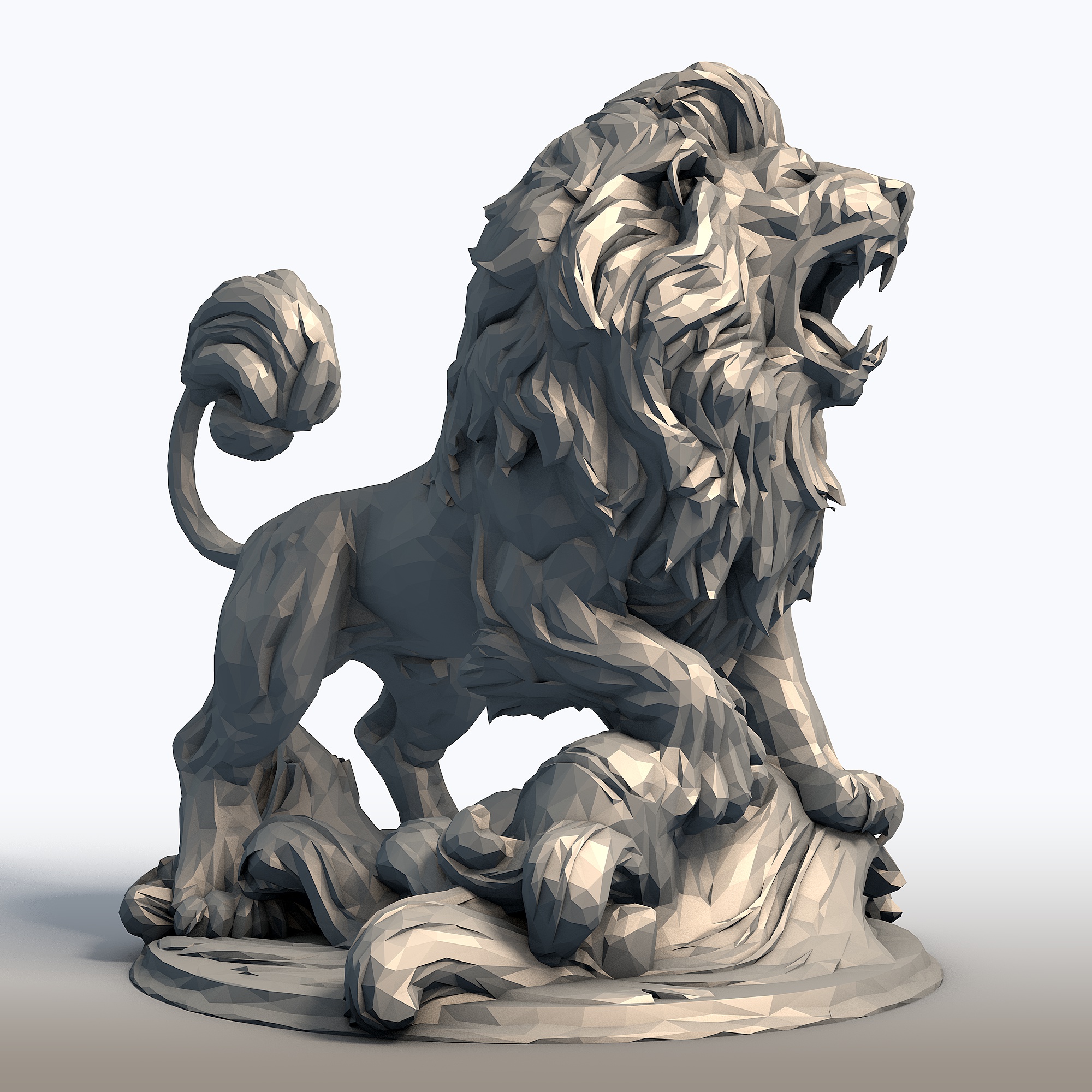 Hungry Lion Low Poly Sculpture - Predatory Big Cat Model - Geometric Wildlife Art