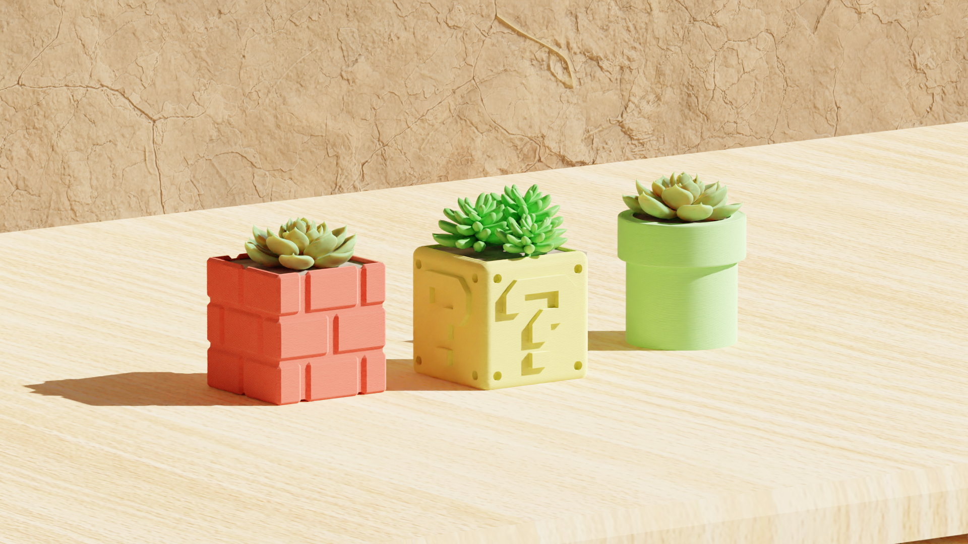 Super Mario Bros Pot Plants - Pipe, Brick Block & Question Block 3D model thumbnail
