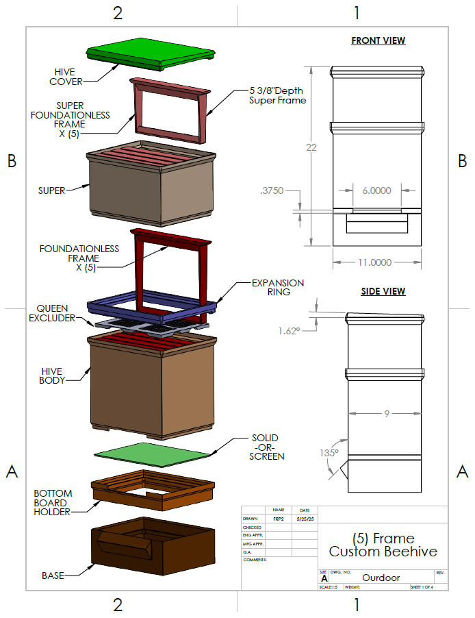 Complete (5) Frame Bee Hive (15 - 25 Liter) - No Supports Required